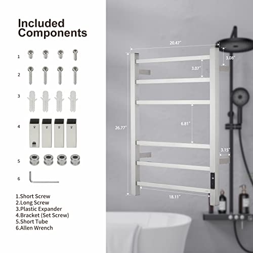 Electric Towel Warmer - Wall Mounted Bathroom Heated Towel Rack, Plug-in Design & Brushed Stainless Steel Finish (Square Brushed with Timer ETW13CS, 6 Bar)