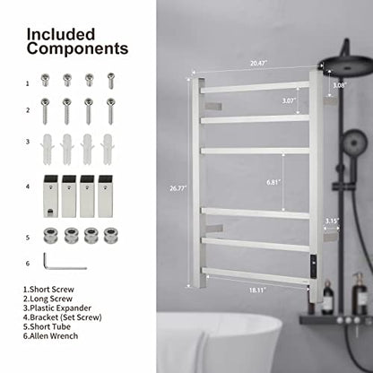 Electric Towel Warmer - Wall Mounted Bathroom Heated Towel Rack, Plug-in Design & Brushed Stainless Steel Finish (Square Brushed with Timer ETW13CS, 6 Bar)
