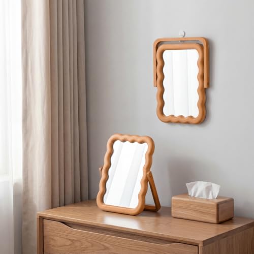 Wooden Wave Shaped Makeup Table Mirror with Stand Folding Tabletop Vanity Mirror Scalloped Aesthetic Wood Framed Standing for Boho Office Desk Home Decoration, 10.24 x 7.87 x 0.79 Inches