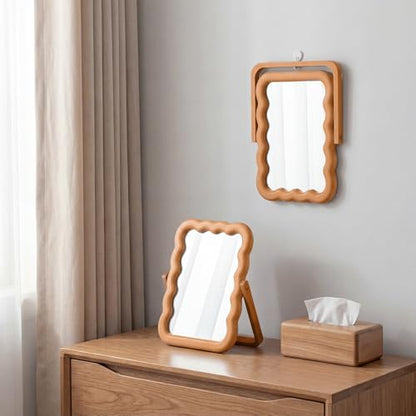 Wooden Wave Shaped Makeup Table Mirror with Stand Folding Tabletop Vanity Mirror Scalloped Aesthetic Wood Framed Standing for Boho Office Desk Home Decoration, 10.24 x 7.87 x 0.79 Inches