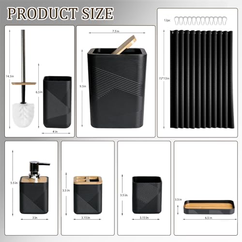 CERBIOR Bamboo Bathroom Accessory Set with Shower Curtain,Black,20PCS | Spiral Set Includes Shower Curtain,Soap Dispenser, Toothbrush Holder, Toothbrush Cup, Soap Dish for Decorative and House Gift - size: Bath Set+Shower Curtain, style: Black