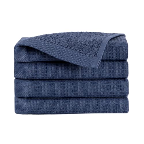 100% Turkish Cotton Dual-Sided Waffle and Terry Towel Set - Ultra Absorbent, Soft & Quick Dry - Bath Towels, Hand Towels & Washcloths (Dusty Blue, 4-Piece Washcloth Set) - color: Dusty Blue, size: 4-Piece Washcloth Set