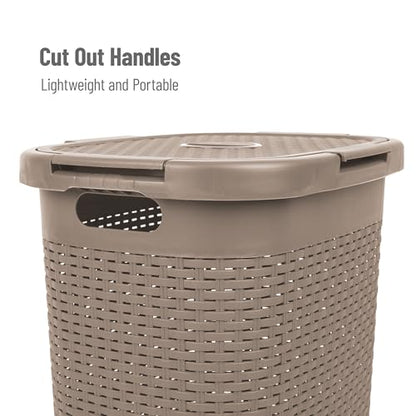 Mind Reader Slim Laundry Hamper with Lid, 60L Tall Clothes Basket, Narrow Tapered Design for Bathrooms, Closets and Laundry Rooms, Plastic, Tan - color: Tan, size: 1 Piece