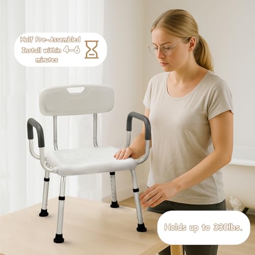 Plus Size 24in Extra Wide Shower Seats for Adults with Arms & Back.SQ | Semi Pre-Assembled, Bath Chairs for Seniors, or Big & Tall Person, 150kg Weight Capacity.
