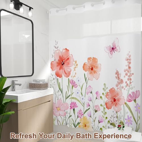 No Hook Shower Curtain with Snap in Liner, Double Layer Waterproof Bathroom Shower Curtain with Mesh Top Window and Weighted Hem, Machine Washable Farmhouse Floral Bath Curtain, 71" W x 74" L - color: Pastel Watercolor Floral