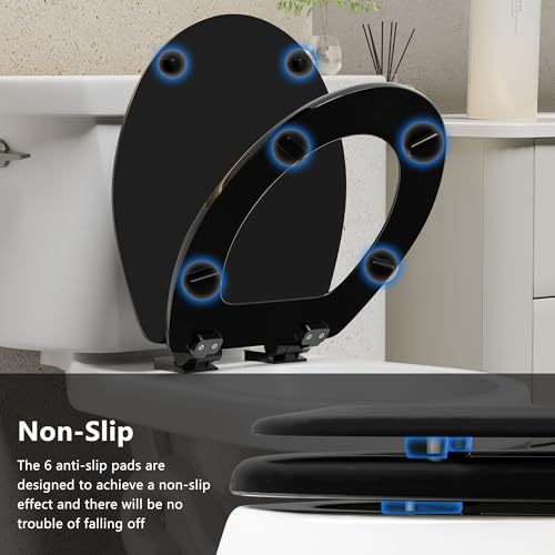 Angol Shiold Slow Close Wood Toilet Seat（Black, Round 16.5''） | Durable enameled wood round toilet seat, adjustable non-slip hinges, anti-pinch bumpers, easy to install and clean