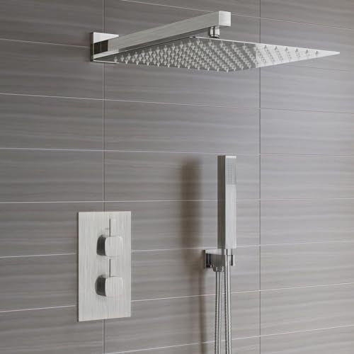 Voolan All Metal Shower Head with Extension Arm, Stainless Steel Waterfall Rainfall Showerheads, High Flow Bathroom Square Rain Shower Head (10’’ Shower Head with 16’’ Shower Arm, Brushed Nickel) - color: Brushed Nickel, size: 10’’ Shower Head with 16’’ S