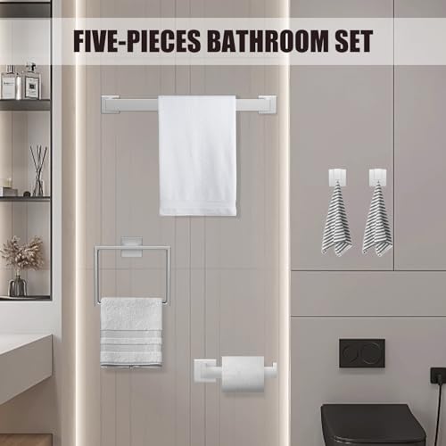 5 Piece Brushed Nickel Towel Bar Set Bathroom Hardware Set Brushed Nickel Bathroom Accessories Set with 2 Towel Hook, Stainless Steel Wall Mounted Bathroom Towel Rack Set Square 16-Inch - color: Brushed Nickel, size: 16 IN
