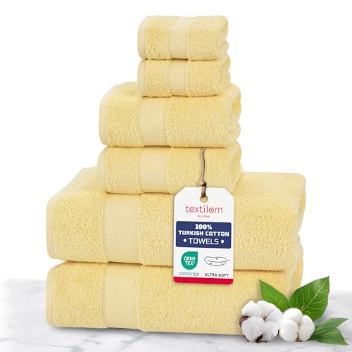 TEXTILOM 100% Turkish Cotton 6 Pcs Bath Towel Set, Luxury Bath Towels for Bathroom, Soft & Absorbent Bathroom Towels Set (2 Bathtowels, 2 Hand Towels, 2 Washcloths)- Yellow - color: Yellow, size: 6 Pcs Towel Set