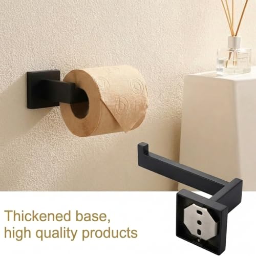 5-Piece Bathroom Hardware Set, 23.6 in Towel Bar, Matte Black | SUS304 stainless steel, 55 mm square bases, concealed screw mount, towel ring, toilet paper holder, 2 robe hooks - color: Matte Black
