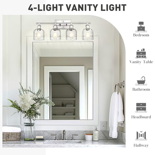 zeyu 27 Inch 4-Light Bathroom Wall Light, Brushed Nickel, ZJF63B-4W BN | Clear Hammered Glass Shade, Over Mirror Vanity Light, Modern Bathroom Lighting - color: Brushed Nickel|Hammered Glass, size: 4-Light