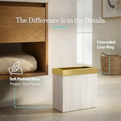 Gatco Modern Rectangle Wastebasket, White Oak/Brushed Brass Lid - Stainless Steel Trash Can with Removable Lid, Leakproof, 3 Gallon Capacity for Bathroom, Bedroom, Kitchen, or Office - color: White Oak / Brushed Brass Lid