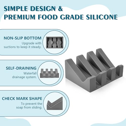 Soap Dish Holder for Shower with Suction Cup, Silicone Soap Holder & Saver Self-Draining Bar Soap Dish Keeps Soap Dry for Bathroom, Kitchen, Bathtub, Extends Soap Life (Grey-2Pack) - color: Grey - 2 Pack