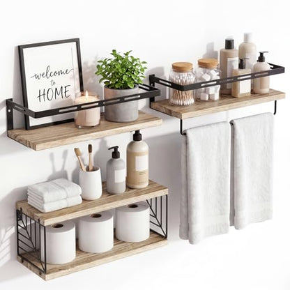 Fixwal Wall Mounted Bathroom Shelves Over Toilet (3+1 Light Brown) | Wall Shelf with Basket Storage , Towel Bar, Solid Wood, 22Lb Capacity, Easy DIY Install - color: 1-rustic Brown