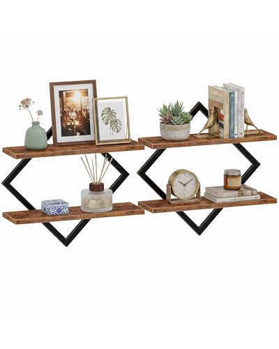 CHOEZON Floating Shelves, Set of 2 Wall Shelves, 2-Tier Hanging Shelves, Wall Shelf Set of 2, Wall Mounted Shelves, for Living Room, Bedroom, Kitchen, Office, Study, Rustic Brown TBJ01P2BF - color: Rustic Brown + Black