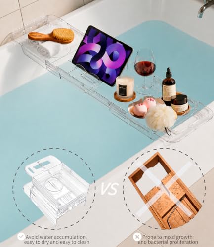 Bathtub Caddy Tray,Adjustable Bathtub Tray Table, Bath Organizer for Relaxing Spa-Features 2 Cup Holders, A Phone Stand with 5 Angle Adjustments,Non-Slip Silicone Pads,Won't Get Moldy,Easy to Clean.