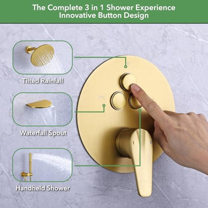 VANFOXLE Shower Faucet Set Brushed Gold Shower System, Push Button Diverter | 8 Inch Wall Mount Head, 2-in-1 Handheld Sprayer, 9 Inch Bathtub Waterfall Spout, Solid Brass Valve, Rust Resistant - color: Brushed Gold, style: 8 Inch