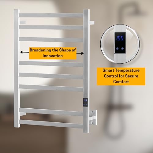 8-Bar Towel Warmer Rack, Brushed Stainless Steel | Brushed 304 stainless steel, 115-155°F temp control, 1-24H auto shut-off timer, plug-in or hardwired install - color: Brushed