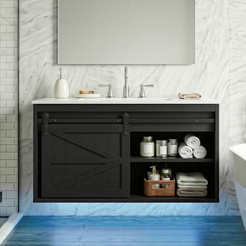 DWVO 36" LED Bathroom Vanity with Sink | Farmhouse Sliding Barn Door Bathroom Cabinet, Wall Mounted Floating Cabinet - color: Black, size: 36 Inch