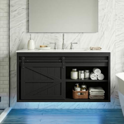 DWVO 36" LED Bathroom Vanity with Sink | Farmhouse Sliding Barn Door Bathroom Cabinet, Wall Mounted Floating Cabinet - color: Black, size: 36 Inch