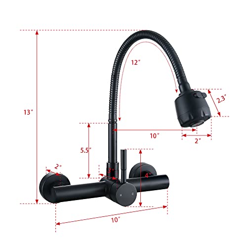 Wall Mount Faucet 8"" Center, Black Sink Mixer Tap, Laundry Utility Faucets | 304 Stainless Steel Constructed, Rotatable, 2-Function Sprayer ,Flexible Hose - color: Black