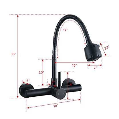 Wall Mount Faucet 8"" Center, Black Sink Mixer Tap, Laundry Utility Faucets | 304 Stainless Steel Constructed, Rotatable, 2-Function Sprayer ,Flexible Hose - color: Black