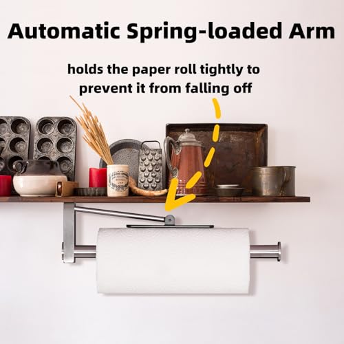 Under Cabinet Paper Towel Holder, One-Hand Tear Kitchen Paper Towel Holder | Stainless Steel Wall Mount Self Adhesive Paper Towel Rack with Tension Arm, Fits for First Apartment Essentials, Kitchen, RV - color: Sliver