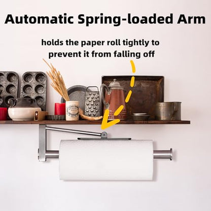 Under Cabinet Paper Towel Holder, One-Hand Tear Kitchen Paper Towel Holder | Stainless Steel Wall Mount Self Adhesive Paper Towel Rack with Tension Arm, Fits for First Apartment Essentials, Kitchen, RV - color: Sliver