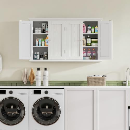 ChooChoo Laundry Cabinet with 4 Doors and Adjustable Shelves | 9.06"D x 40.9"W x 24"H, Bathroom Wall Cabinet, Cupboard, White - color: White, size: 9.06"D x 40.94"W x 23.62"H