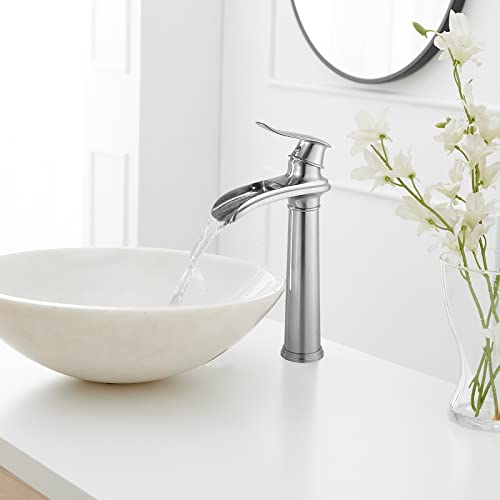 BWE Vessel Sink Faucet Brushed Nickel Tall Waterfall Bathroom Faucet | Deck Mount Single Handle One Hole Lavatory Vanity Faucet with Pop Up Drain Assembly and Supply Hose,Solid Brass - color: Brushed Nickel, size: 11.81 inch Vessel Version