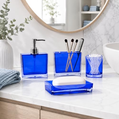 LGURT 4pc Light Blue Acrylic Bathroom Set, Soap Dispenser & Divided Cup | soap dispenser, divided organizer, soap dish & mouthwash cup. Shatter-resistant. Contemporary or Scandinavian decor. - color: Serene Blue