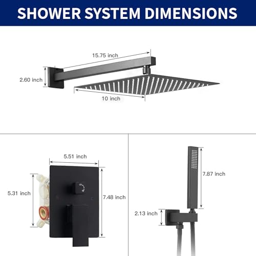 BWE 12 Inch Matte Black 2-Faction Wall Mounted Bathroom Shower System Set | Brass and Stainless Steel,Rainfall Shower Head,Handheld Shower Head,Pressure Balance Valve,Escutcheon Plate,Hotel,Bath Center - color: Matte Black, size: 12 Inch
