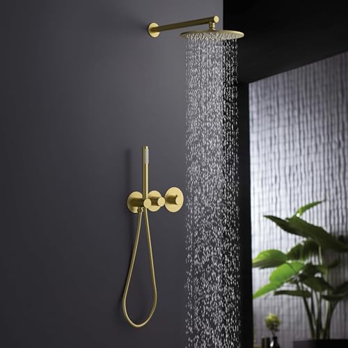 KIBI Circular Thermostatic Shower System with Valve, 2-Function Wall Mounted Bathroom Shower Faucet Set – Solid Brass Shower System with Temperature Control, Brushed Gold (KSF410) - color: Brushed Gold