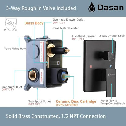 DASAN Tub Shower Faucets Sets Complete Matte Black Bathtub Shower System with Tub Spout, Bathtub Faucet Set Tub and Shower Faucet Combo Trim Kit with Rough-in Valve - color: Black Matte