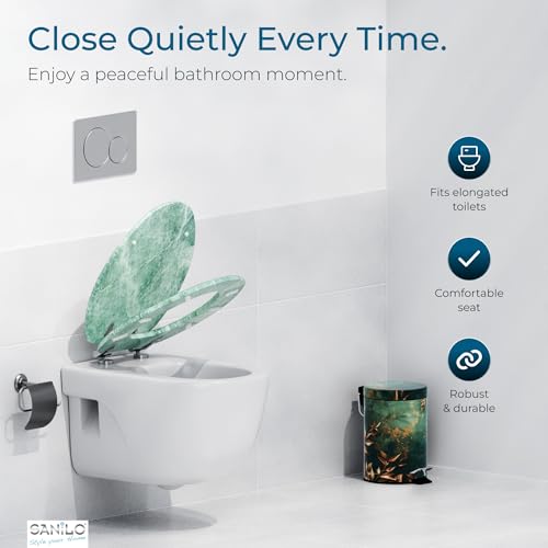 SANILO Wooden Toilet Seat with Soft Close [ELONGATED] - Decorative, Quiet & Slow Close Molded Wood Seat - With Strong Bumpers & Hinges - Adjustable Fit - Marble Green - color: Marble Green