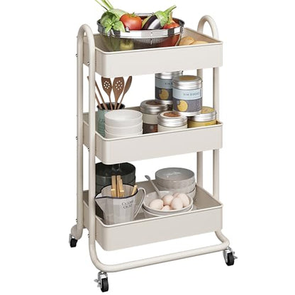 MIOCASA 3-Tier Metal Utility Rolling Cart, Heavy Duty Multifunction Cart with Lockable Casters, Easy to Assemble, Suitable for Office, Bathroom, Kitchen, Garden - style: White