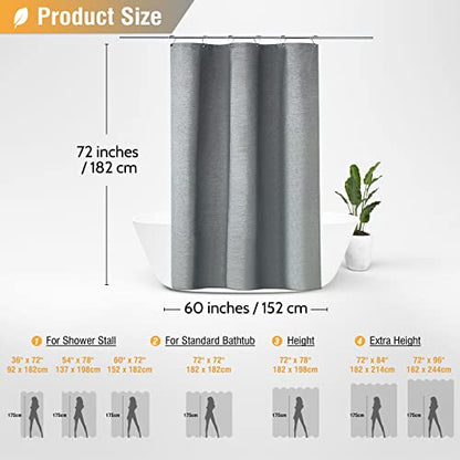 BTTN 60x72 Linen Textured Waterproof Fabric Shower Curtain Set, Grey/Gray | Narrow Size, 230GSM Polyester, Heavy Duty Cloth, Weighted Hem, 10 Plastic Hooks, Modern Luxury Hotel Style, Machine Washable - color: Grey, size: 60"W x 72"L (Pack of 1)