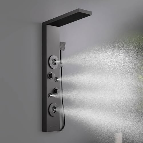 5 in 1 Rainfall Shower Panel Tower with Tub Spout, Matte Black | Stainless Steel Shower Column with 2-Setting Body Massage Jets, Flexible Handheld and Waterfall Tub Spout - color: Matte Black