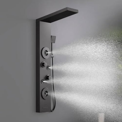 5 in 1 Rainfall Shower Panel Tower with Tub Spout, Matte Black | Stainless Steel Shower Column with 2-Setting Body Massage Jets, Flexible Handheld and Waterfall Tub Spout - color: Matte Black