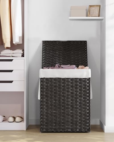 SONGMICS Laundry Hamper with Lid, 23.8 Gallon (90 L) Synthetic Rattan Clothes Laundry Basket with Lid and Handles, Foldable, Removable Liner, Black ULCB51BK - color: Black, size: 90 L