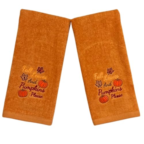 Autumn Harvest Fall Bathroom Guest Hand Embroidered Towels 2 Pc Set: Fall Leaves and Pumpkins Please Design Bath Plush Rust Orange Towels, 100% Cotton, 16" x 25" Inches, Oeko-TEX Certified - color: Fall Leaves Please