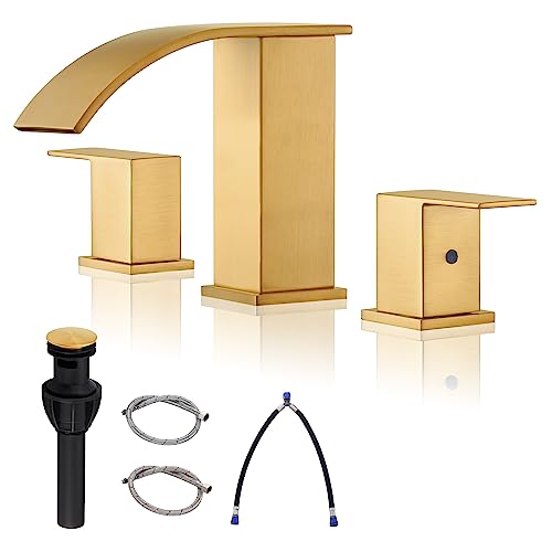 Gold Waterfall Bathroom Faucet 3 Holes - 8Inch Widespread Bathroom Sink Faucet | Two Handles Lavatory Vanity Sink Faucets with Pop-up Drain Assembly & Supply Lines Brushed Gold - color: A-Brushed Gold 8In