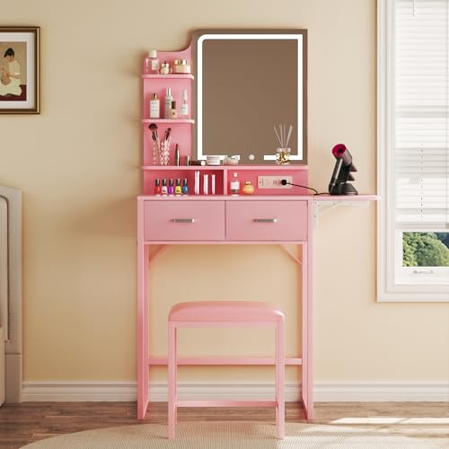 ALEXNUTRE Vanity Desk with Mirror and Lights, Small Vanity with Fabric Storage Drawer & Chair & Shelves, Makeup Vanity with Fold-up Panel and Power Outlet for Bedroom - style: Pink