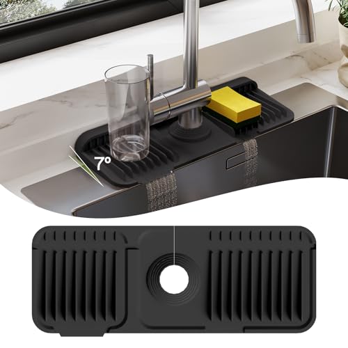 15 Inch Silicone Faucet Mat for Kitchen Sink Splash Guard – 2025 Upgraded Draining Mat with Water Tray Behind Faucet – Countertop Protectors to Catch Spills (Black, 14.6" x 5.5") - color: Black, size: 14.6" x 5.5"