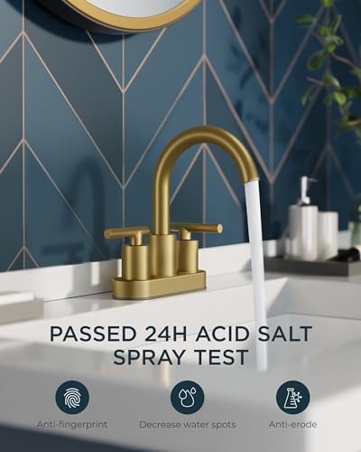 FORIOUS Brushed Gold Bathroom Faucet Centerset 4 Inch, Gold Vanity Faucet | Commercial Gold Faucet Bathroom 4 Inch, Gold Faucets for Bathroom Vanity wtih Dain, Hose, High Arc Swivel Spout, Hospitality - color: Brushed Gold, style: Classic