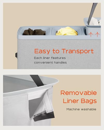 CASAMAYA Laundry Basket with Lid, Laundry Hamper 3 Section, 190L collapsible Laundry Organizer, Easy Assembly, with Handles and Removable Liners, 25.2 x 15.7 x 29.5 Inches, Gray JSP904G - color: Gray, size: 190L(3-Section)