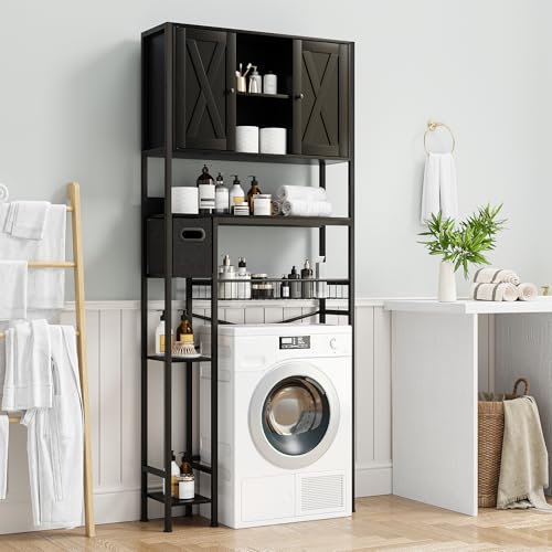 Space-Saving Over-The-Toilet Storage Cabinet with 2 Doors and Toilet Paper Holder – Freestanding Bathroom Organizer, Water-Resistant, Rustic Black, Small Relief Design, Color: Black - color: Black