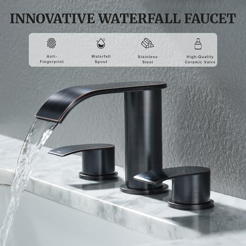 Ultimate Unicorn 8 inch Bathroom Faucet Oil Rubbed Bronze, Waterfall Bathroom Sink Faucet with Metal Pop-up Drain Stopper and 2 Supply Hoses,2 Handle Widespread Faucets for Vanity Sink 3 Holes | Bathroom Sink Faucet with Metal Pop-up Drain Stopper and 2 S