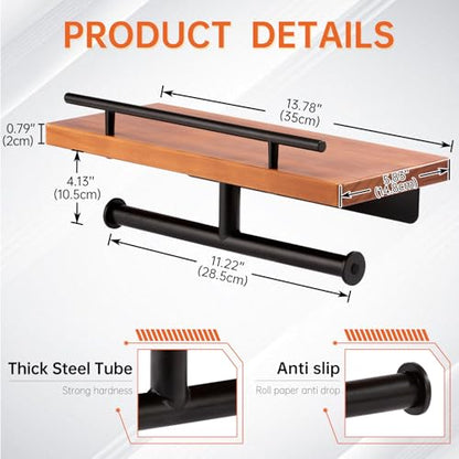 Toilet Paper Holder with Wood Shelf, Wall Mount Toilet Paper Roll Holder with Wooden Shelf and Matte Black Stainless Steel Pipe, Tissue Roll Holder for Bathroom Washroom (Light Brown, 13.8'' x 5.9'') - color: Light Brown, size: 13.8'' x 5.9''