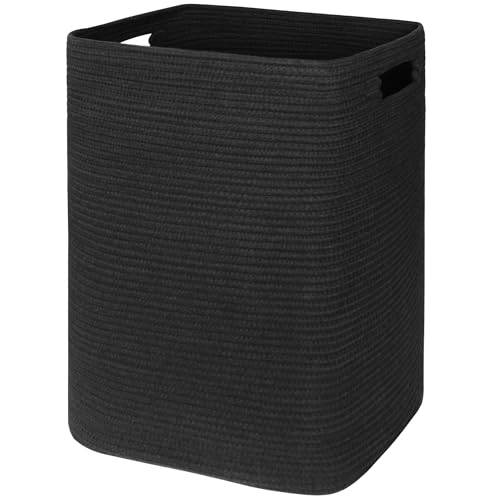 Large Laundry Hamper 16"x13"x22" - Tall Woven Laundry Basket, Cotton Rope Dirty Clothes Hamper, Baby Kids Nursery Wicker Laundry Basket, Bedroom Aesthetic, Soft Laundry Bin, Black Hamper, 75L - color: Black
